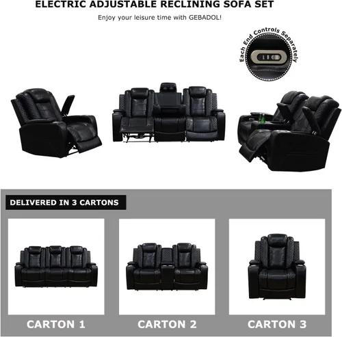 Miniatura 4 de Sofá reclinable eléctrico, sillón reclinable de cuero con LED/almacenamiento, sillón reclinable de cine en casa de 3 plazas, sofá de cuero negro