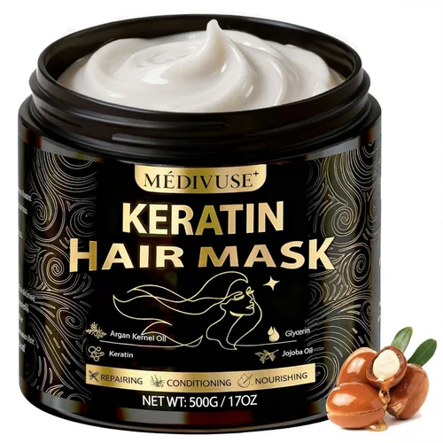 Mascarilla acondicionadora profunda para el cabello - Máscara de queratina con aceite de argán - Tamaño gigante de 500ML Aceite de jojoba natural