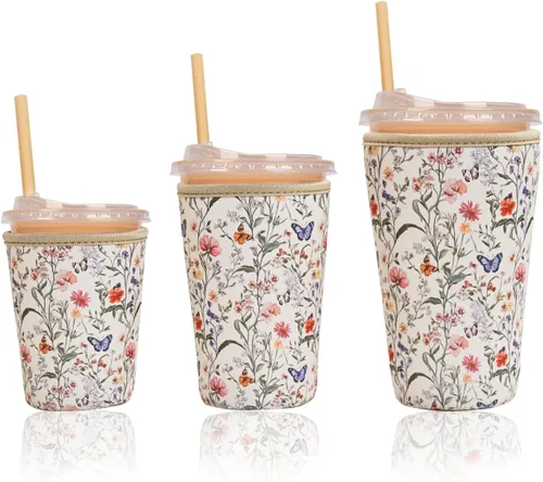 Miniatura 23 de Funda aislante reutilizable para taza de café helado, paquete de 3 fundas de neopreno para bebidas frías y calientes, soporte para bebidas para café
