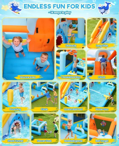 Miniatura 4 de Toboganes acuáticos inflables 24 en 1 con diseño de cueva de tiburón de unicornio, casa de rebote para patio trasero de niños con soplador, piscina