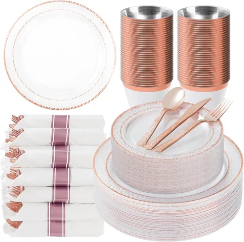 Bestluck - 350 platos de plástico transparente con borde dorado rosa para 50 invitados, juego de vajilla desechable para fiestas y bodas, incluye