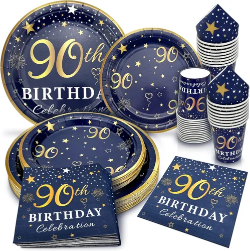 Miniatura 7 de Platos y servilletas de decoración de cumpleaños número 80 azul y dorado, servicio para fiesta de cumpleaños de 30 o 80 años, incluye platos azul
