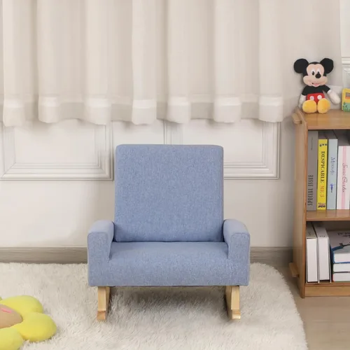 Miniatura 7 de Mecedora para bebé, silla para niños, sofá para niños, pie de madera tembloroso y tela de lino, sillón mecedor para niños y niñas (azul)