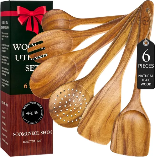 Juego de utensilios de madera de teca 100% natural, 6 cucharas de cocina duraderas para cocinar, antiadherentes y resistentes al calor, ecológico y