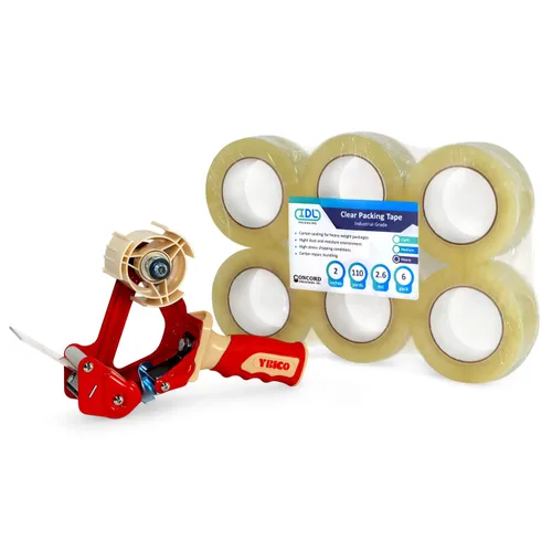 IDL Packaging Concord Cinta de embalaje con dispensador – 6 rollos de 2 pulgadas x 2.6 mil x 110 yardas, cinta transparente – Excelente sellado de