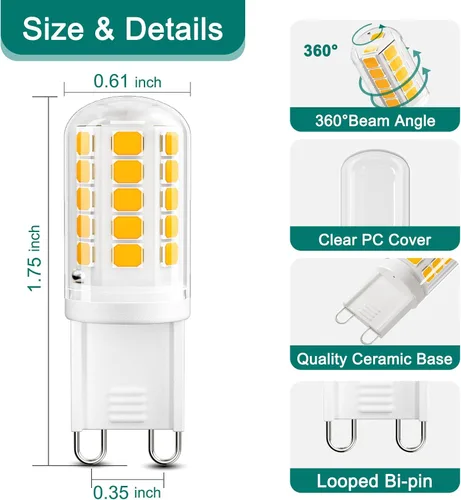 Miniatura 3 de DiCUNO Bombilla LED G9, 2700 K, luz blanca cálida suave, bombillas LED G9 de 4 W, equivalente a halógeno de 40 W, no regulable, 400 LM, base bipin