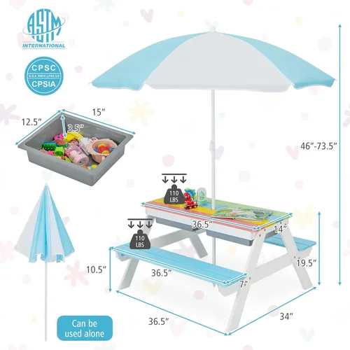 Miniatura 3 de HONEY JOY Mesa de picnic para niños, mesa de madera de cedro 4 en 1 para arena y agua con 2 cajas extraíbles y paraguas, mesas de picnic para niños