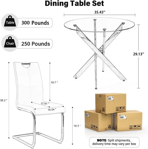 Miniatura 2 de Juego de mesa de comedor redonda moderna de vidrio de 36 pulgadas para 2, mesa de comedor de vidrio con patas cruzadas de metal, mesa de cocina