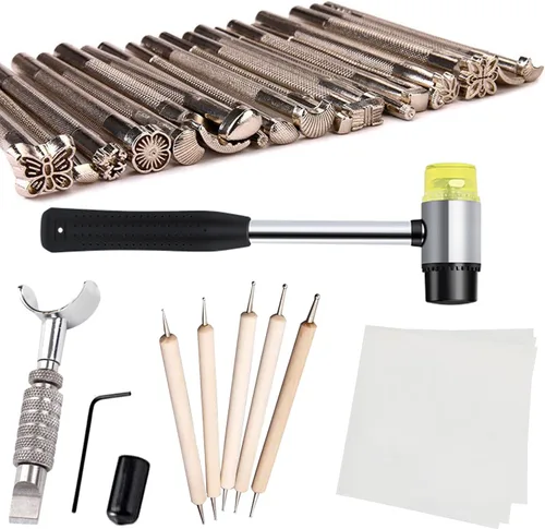 Kit de herramientas de estampado de cuero, juego de punzones de cuero de diferentes formas, kit de herramientas de tallado de cuero con martillo de