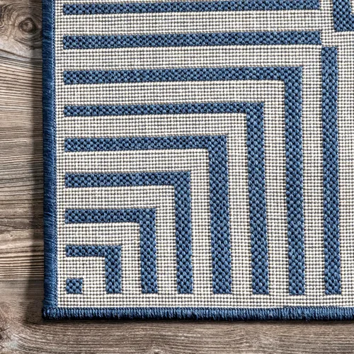 Miniatura 4 de nuLOOM Tapete de área para exteriores, diseño informal con borde a rayas, resistente a las manchas, altamente duradero, para patio, balcón, Azul
