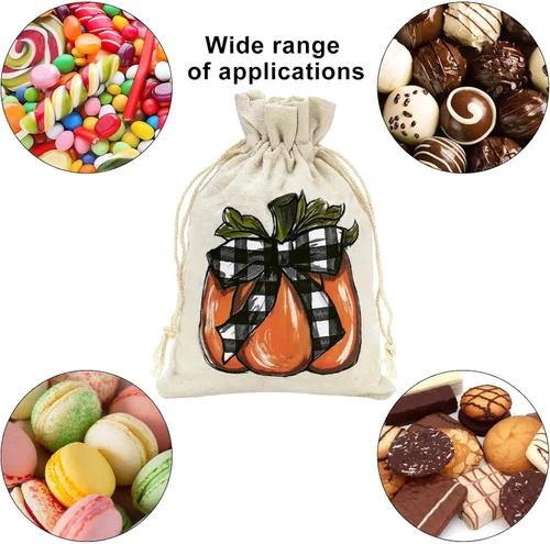 Miniatura 4 de Whaline Paquete de 24 bolsas de arpillera de otoño, bolsas con cordón de calabaza, bolsas de regalo de calabaza a cuadros de acuarela, bolsa