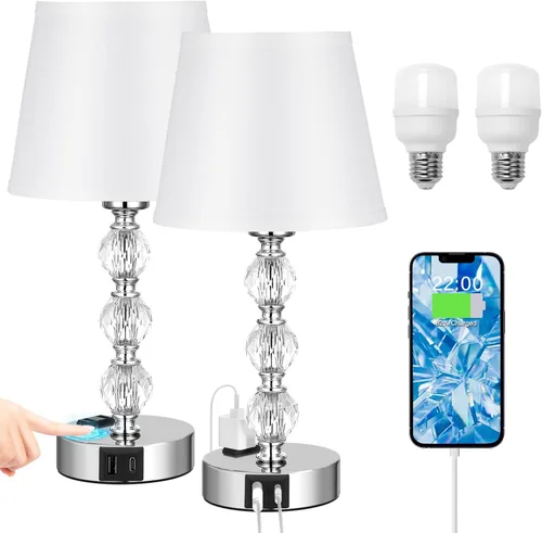 Miniatura 7 de Lámpara de mesa, de cristal, regulable de 3 vías, con 2 puertos de carga USB, de 17.7 pulgadas de alto con moderna pantalla, lámpara de cama