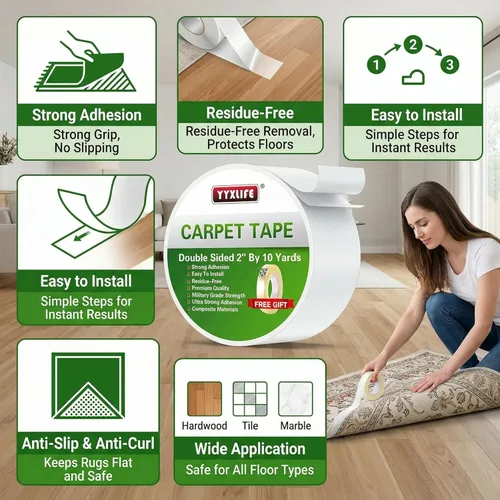 Miniatura 7 de YYXLIFE - Cinta adhesiva de doble cara extraíble para alfombras - Cinta adhesiva para alfombras para suelos de madera dura, cinta antideslizante