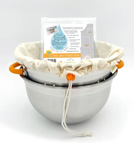 Juego de colador de yogur griego: colador y cuenco de acero inoxidable con bolsa de colador de algodón orgánico | Fabricante de yogur griego