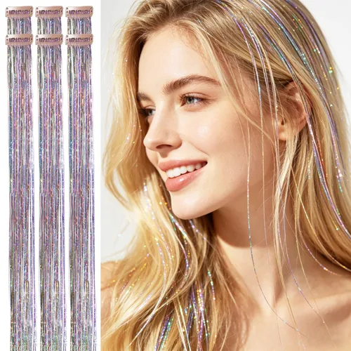 Miniatura 8 de Celinebella 6 extensiones de cabello con clip de mezcla de color rojo, plateado y azul, 6 unidades, resistentes al calor, para mujeres, 17-Azul