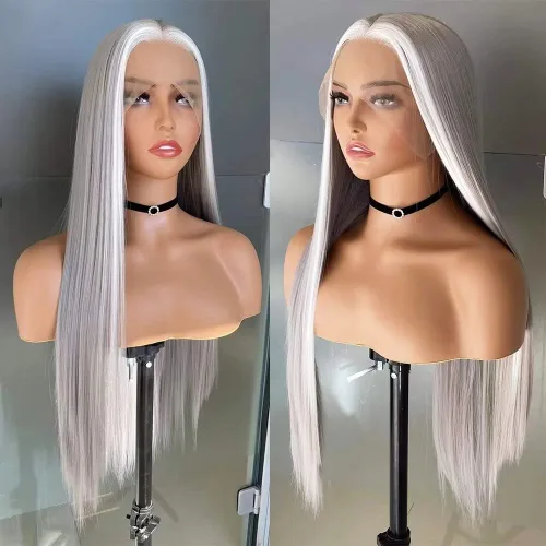 Miniatura 14 de Peluca de encaje frontal rubio ceniza, peluca larga y sedosa de pelo sintético, peluca de encaje sintético resistente al calor, peluca de encaje