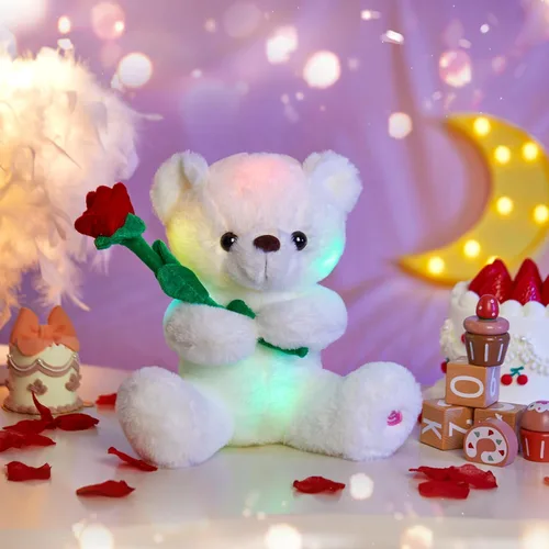 Miniatura 6 de Houwsbaby Oso de peluche brillante con oso blanco y rosa, juguete de peluche suave con luces LED de noche, cumpleaños, Navidad, para niños pequeños