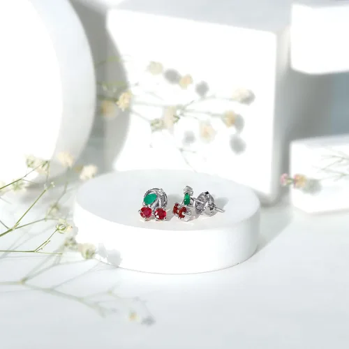 Miniatura 12 de Aretes de cereza esmeralda y rubí natural para mujer, calidad AAA certificada, aretes de tuerca de cereza roja