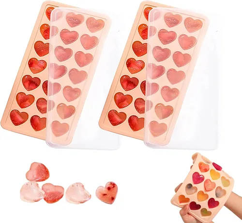 Miniatura 10 de Paquete de 2 bandejas de cubitos de hielo en forma de corazón con tapa y contenedor - 48 agujeros, bandeja de cubitos de hielo mini de corazón
