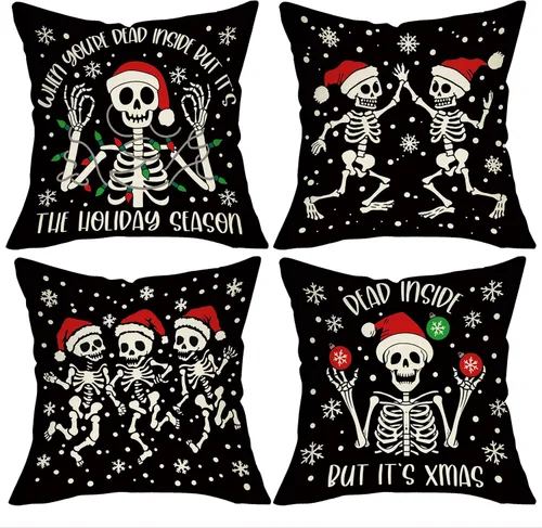 Juego de 4 fundas de almohada decorativas de esqueleto gótico de Navidad de 18 x 18 pulgadas, diseño de calavera de Navidad, decoración del hogar al