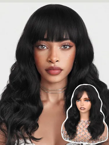 Miniatura 13 de WIGNEE Pelucas onduladas naturales con flequillo, 100% cabello humano brasileño, pelucas onduladas de moda, color negro natural