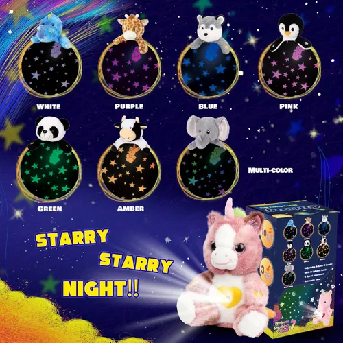 Miniatura 5 de Proyector de estrellas de unicornio rosa sucio de felpa, luz nocturna musical, ajustable, animales de peluche, juguetes de peluche brillantes