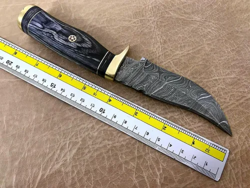 Miniatura 2 de Cuchillo de hoja fija de acero de Damasco con funda de cuero, escala de madera redonda con protector de dedo de latón y tapa, cuchillo de piel de 8
