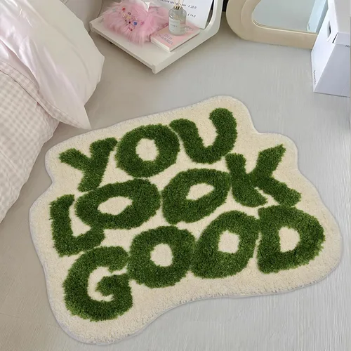 Miniatura 9 de Alfombra de baño negra con texto en inglés "You Look Good", alfombra de baño divertida, bonita, antideslizante, de microfibra, de felpa, pequeña