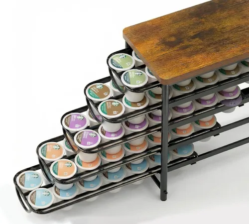 Miniatura 10 de HFHOME Soporte para cápsulas de café con parte superior de madera, compatible con K-Cups, cajón de almacenamiento de cápsulas de café de 4 niveles