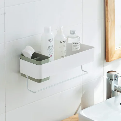 Organizador de pared para baño, adhesivo de almacenamiento, pequeño apartamento básico para ducha, color verde