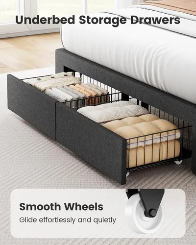 Miniatura 4 de Pipishell Marco de cama Full con 2 cajones de almacenamiento, 12 patas resistentes, base de cama de madera maciza con cabecera tapizada
