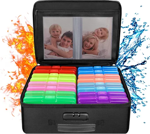 ENGPOW Caja de almacenamiento de fotos ignífuga con 16 estuches interiores de 4 x 6 pulgadas (multicolor), organizador de fotos con cerradura,