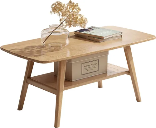 Miniatura 9 de Mesa de centro 100% de madera de roble macizo para sala de estar, mesas de centro pequeñas de 2 niveles con almacenamiento en estantes, mesa moderna