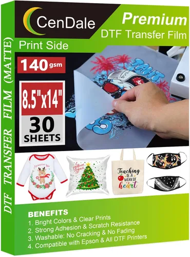 CenDale Película de transferencia DTF de 8.5 x 14 pulgadas, 30 hojas de película DTF gruesa de doble cara de alta calidad para trucos de