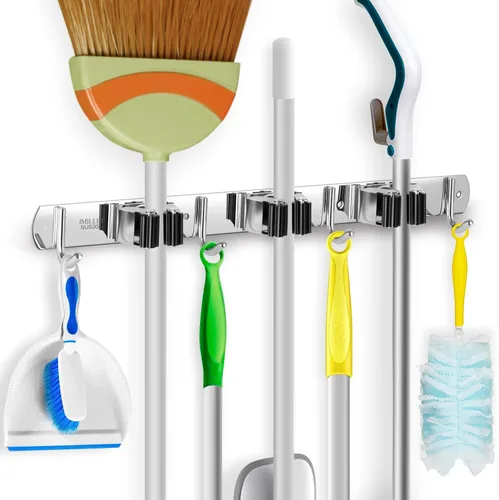 Miniatura 9 de IMILLET Soporte para escoba con montaje en pared, soporte para escoba y fregona de acero inoxidable autoadhesivo, ganchos resistentes, organizador 4