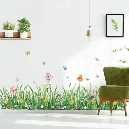 decalmile Calcomanías de esquina de pared de hierba verde, diseño floral, mariposa, zócalo, línea de zócalo, calcomanías de pared para dormitorio,