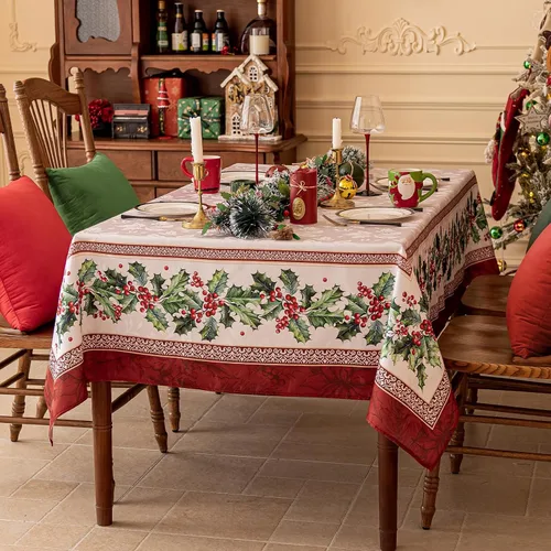Miniatura 2 de Softalker Mantel Cuadrado de Jacquard Navideño, Mantel Impermeable Vintage de Invierno con Acebo, Cubierta de Mesa de Tela Estilo Granja Navideña