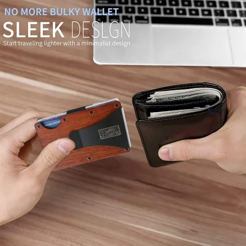 Miniatura 9 de Billetera delgada de madera recicladatarjetero con clip para dinero, bloqueo RFID, Madera de cerezo, Madera