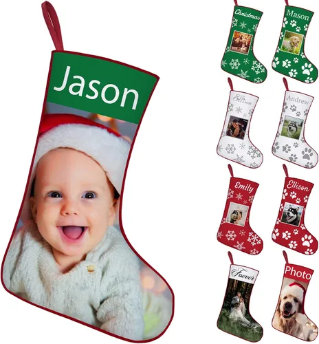 Miniatura 9 de Calcetines de Navidad personalizados con foto de nombre, imagen de perros y mascotas, patas de perro, calcetines de Navidad, decoración colgante