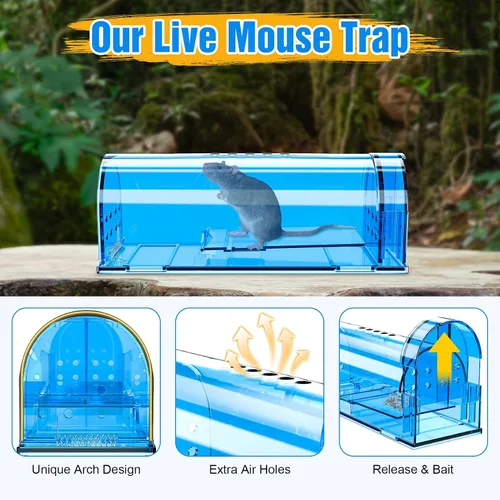 Miniatura 3 de Paquete de 4 trampas humanas para ratones sin muerte, atrapa y libera trampa para ratones vivos para interiores del hogar, jaula reutilizable