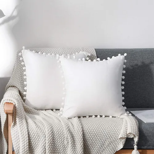 Miniatura 7 de Juego de 2 fundas de almohada decorativas con bonito pompones, funda de cojín cuadrada suave para decoración del hogar para sofá, cama