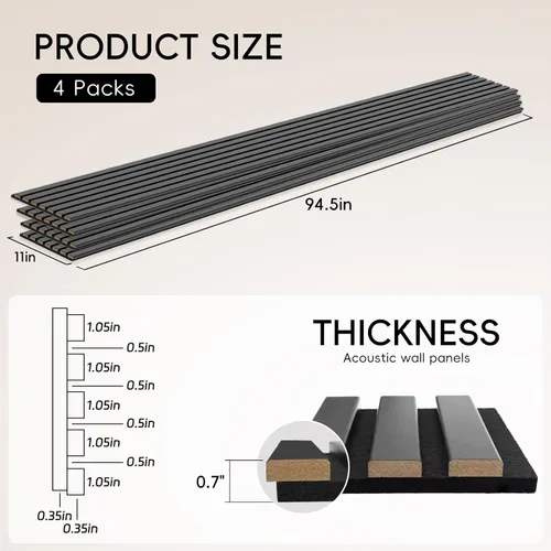 Miniatura 2 de EVERECO Paquete de 4 paneles de madera de 94.5 x 11 pulgadas para pared, paneles acústicos insonorizados de pared, paneles de pared 3D para Negro