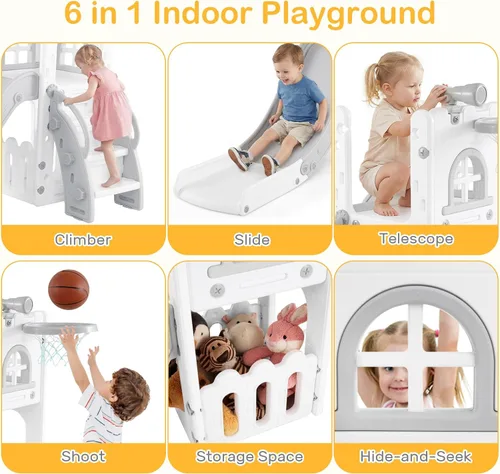 Miniatura 3 de OLAKIDS Tobogán para niños pequeños, 6 en 1 para interiores y exteriores, con aro de baloncesto, telescopio, almacenamiento de juguetes para niños