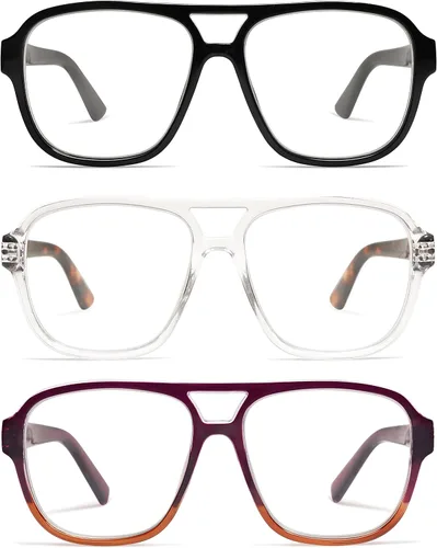 Miniatura 8 de AMOMOMA Paquete de 3 lentes de lectura de gran tamaño con bisagra de resorte de aviador para mujeres y hombres, marco retro para lector