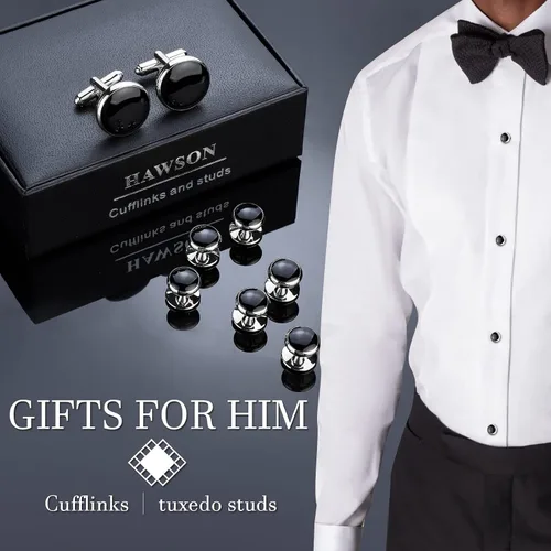 Miniatura 3 de HAWSON Juego de gemelos y tachuelas de esmoquin para hombre con caja de regalo joyas o accesorios para hombre adecuados para traje negro, camisas