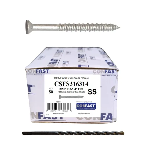 Miniatura 11 de CONFAST - Tornillos para hormigón de 1/4" x 2-1/4" de acero inoxidable 410 Phillips planos con cabeza cuadrada embotada con broca para hormigón