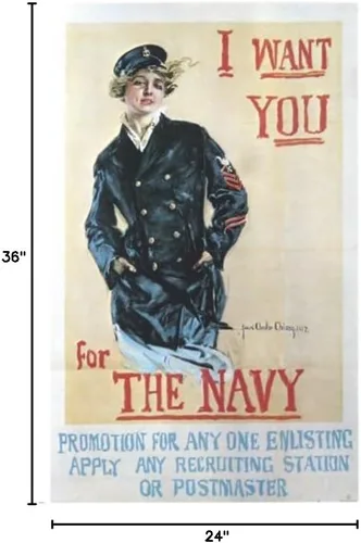 VINTAGE "I WANT YOU FOR THE NAVY" WW2 RECLUITING cartel mujer en abrigo de guisante 24X36