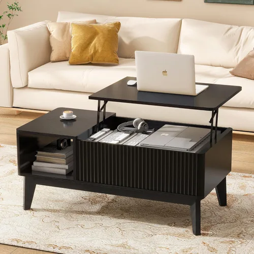 Miniatura 13 de LYNCOHOME Mesa de Centro con Tapa Elevable Acanalada con Almacenamiento, Mesa de Centro Moderna para Sala de Estar, Oficina en Casa (Natural)