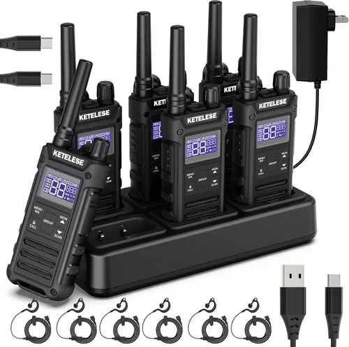 Miniatura 10 de KETELESE T3G Walkie Talkies resistentes para adultos, radio de 2 vías impermeable IP67 de largo alcance, con auricular y micrófono, base de carga