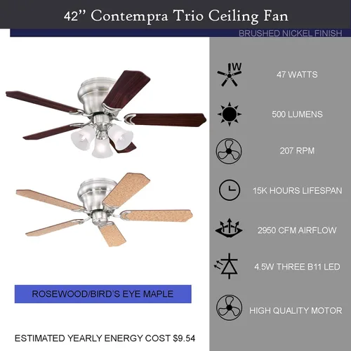 Miniatura 4 de Ciata Lighting Contempra Trio - Ventilador de techo para interiores de níquel cepillado de 42 pulgadas con lámpara LED regulable en vidrio cepillado